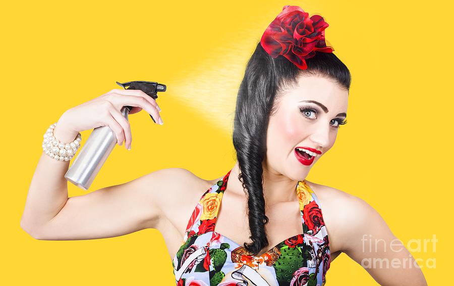 Haircare Brunette Pinup Woman Using Hair Product Photograph By Jorgo 