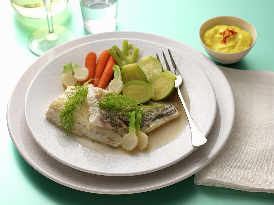 Hake Fillets And Steamed Vegetables, Saffron Mayonnaise Photograph by Gelberger