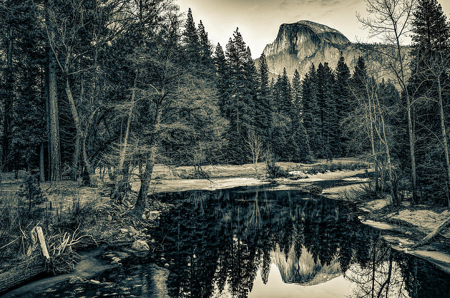 Half Dome Mountain Landscape Reflections In Sepia - Yosemite National Park Photograph