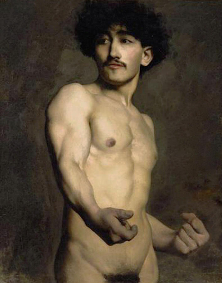 Anonymous Painting - Half Length Academic Study of a Male Nude by Unknown.