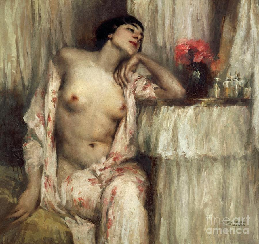 Half Length Figure Of Woman At Her Toilette By Gian Emilio Malerba Painting by Gian Emilio Malerba