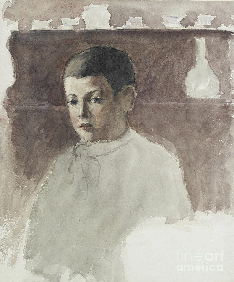 Half Length Portrait Of Lucien Pissarro, Watercolor Over Charcoal Painting by Camille Pissarro