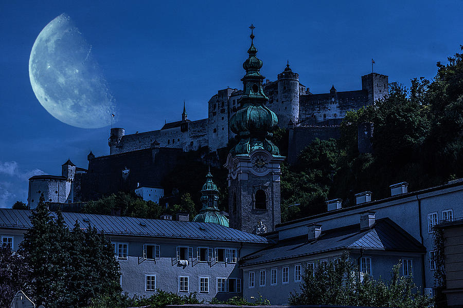 Half Moon over Salzburg castle Photograph by Wolfgang Stocker