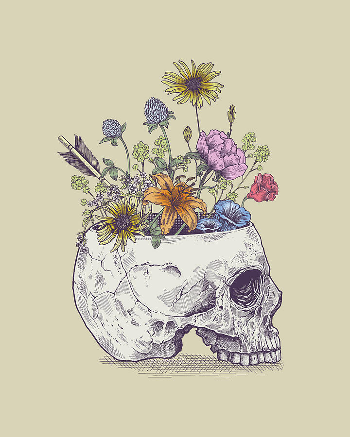 Skull Digital Art - Half Skull Flowers by Rachel Caldwell