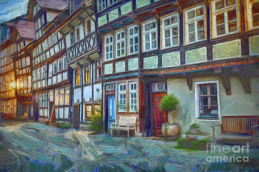 Historical Painting - Half-Timbered Medieval Houses by Eva Lechner