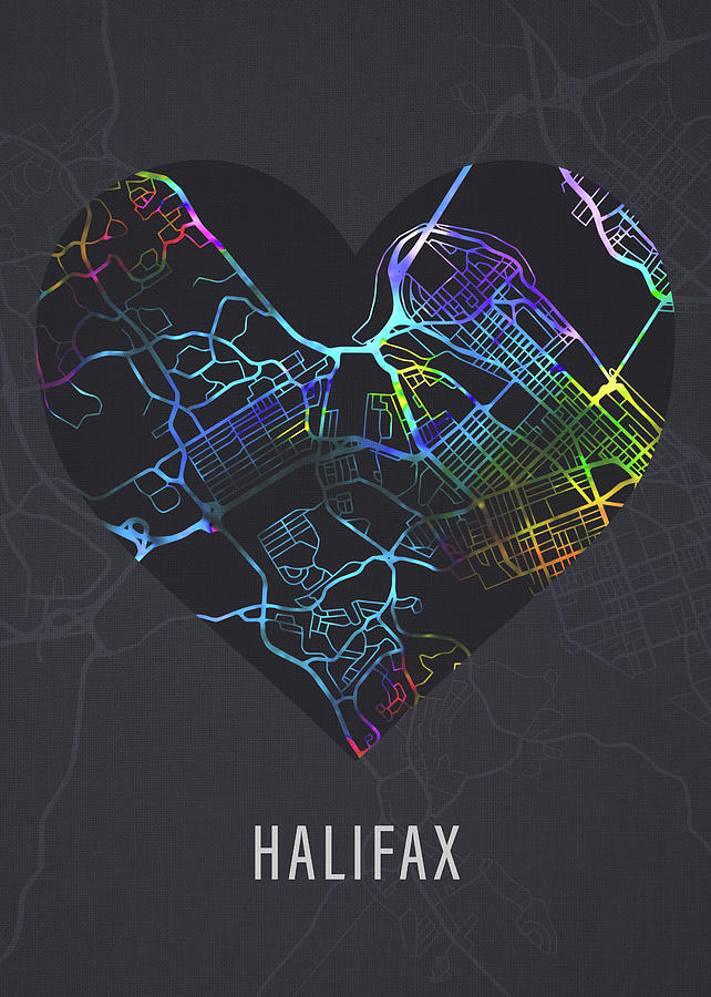 City Mixed Media - Halifax Nova Scotia Canada City Heart Street Map Love Dark Mode by Design Turnpike