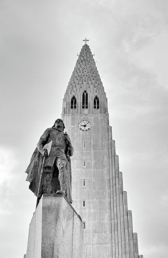 Hallgrimskirkja Church and Leif Erikson in Reykjavic Iceland Black and White Photograph by Shawn OBrien
