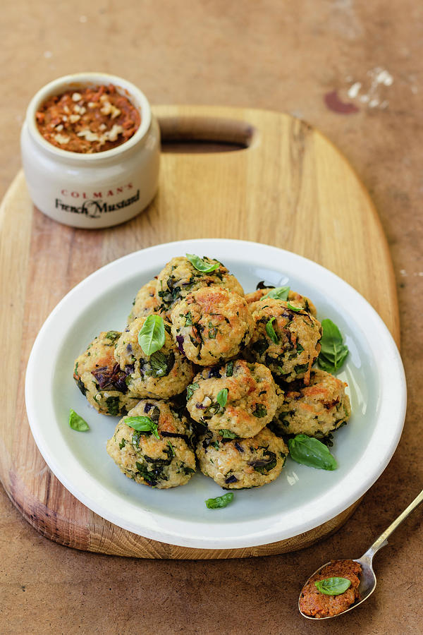 Halloumi And Millet Vegetarian Meatballs, Keftedes, Red Pepper And Walnut Dip Photograph by Zuzanna Ploch