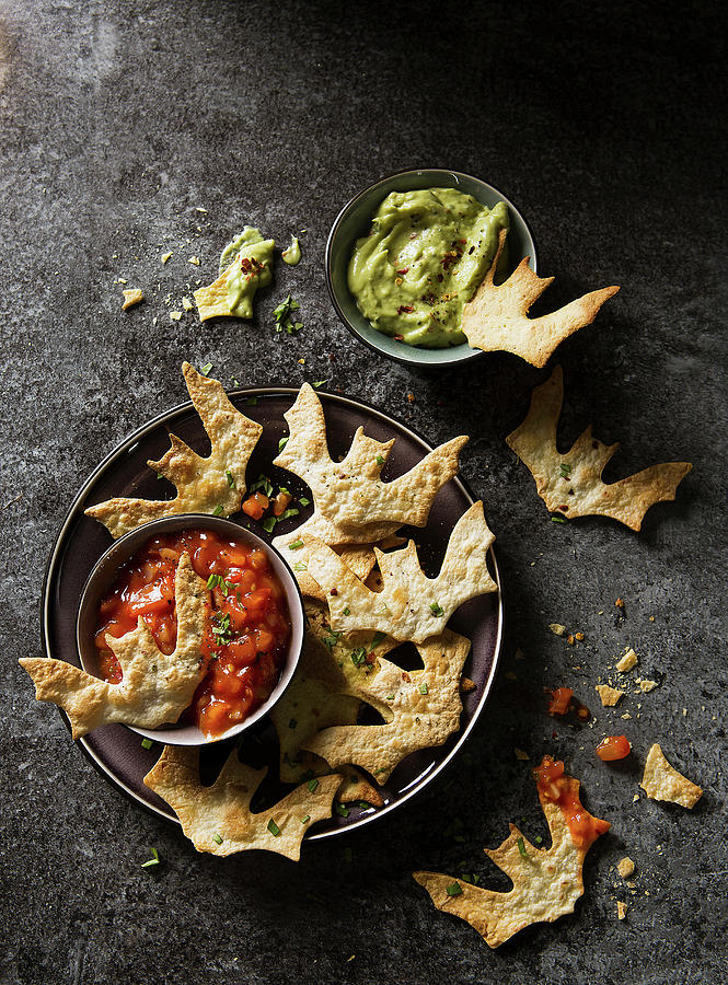 Halloween Bat Torilla Chips With Tomato And Guacamole Dip Photograph by Stacy Grant