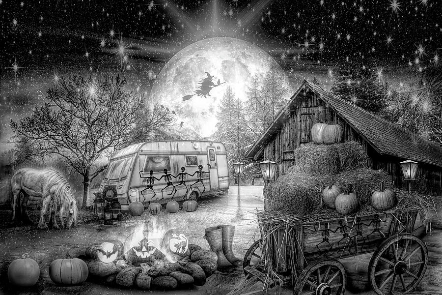 Halloween Camping in Black and White Digital Art by Debra and Dave Vanderlaan