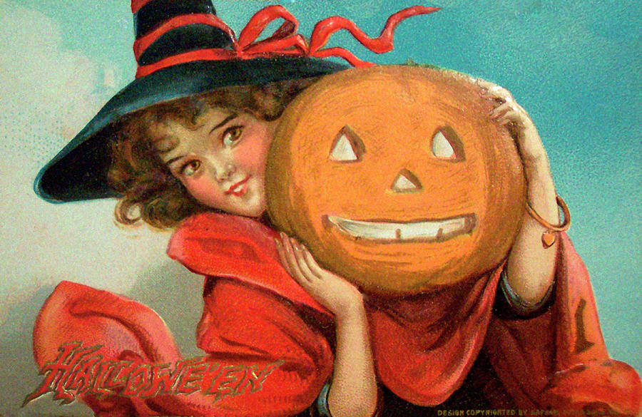 Halloween Girl Blue Sky Pumpkin.tif by Vintage Apple Collection - Fine ...