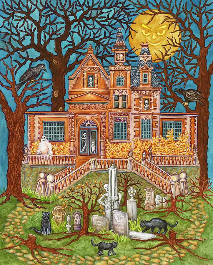 Halloween Painting - Halloween Moonlit House by Andrea Strongwater