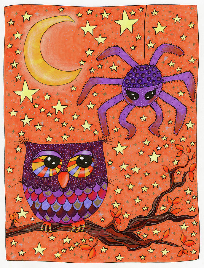 Halloween Digital Art - Halloween Owl And Spider by Kim Kosirog