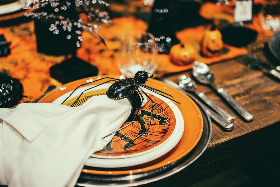Halloween Place Setting On Decorated Table Photograph by Alena Haurylik