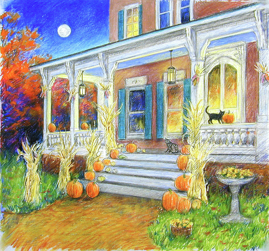 Corn Stalks Painting - Halloween Porch by Edgar Jerins