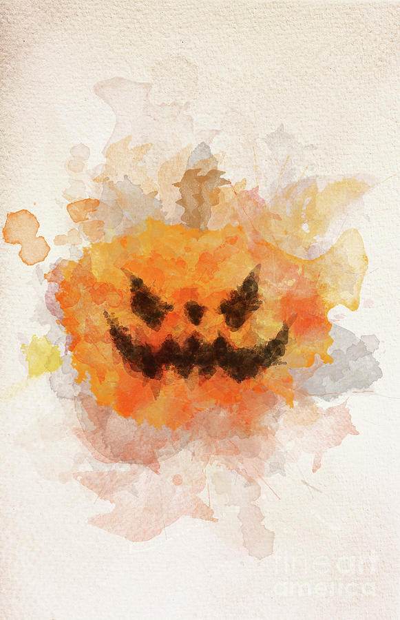 Halloween scary pumpkin in watercolor painting. Photograph by Michal Bednarek