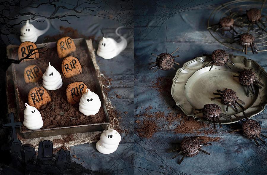 Halloween Snacks: Meringue Ghosts And Peanut Butter Gravestones In A Chocolate Mousse Graveyard Next To Black Sesame Seed Spiders Photograph by Great Stock!