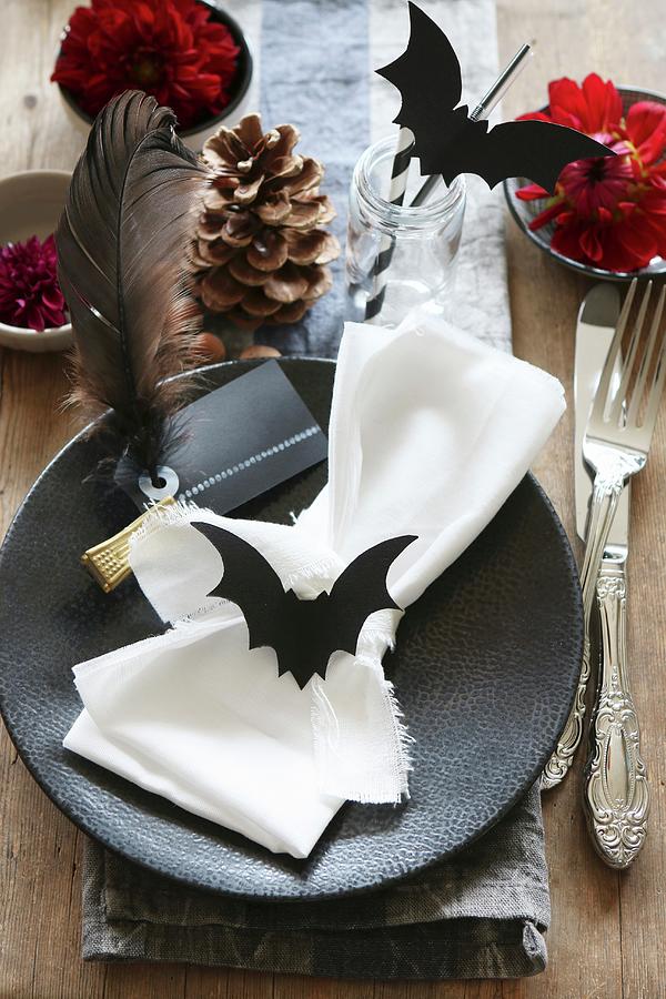 Halloween Table Decorated With Hand-made Paper Bats Photograph by Regina Hippel