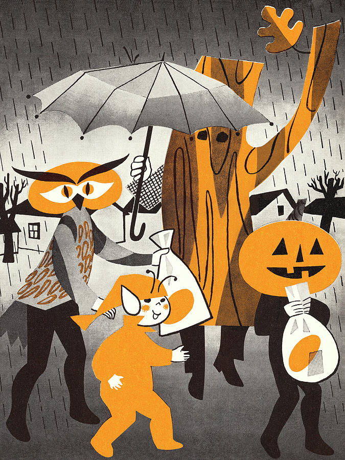Halloween Drawing - Halloween Trick-or-Treaters by CSA Images