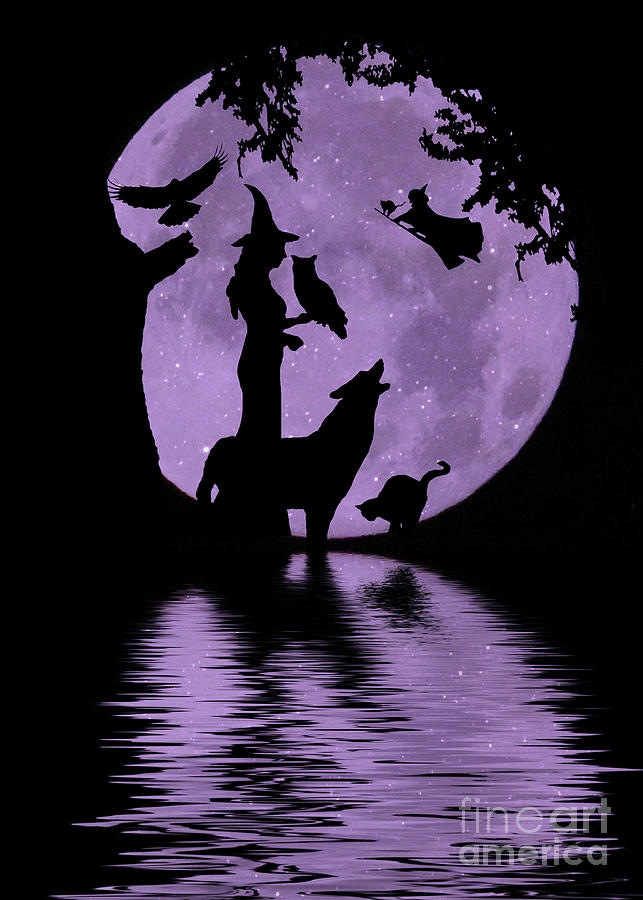 Halloween Witches, Wolves, Cats Owl and Raven with Purple Moon Photograph by Stephanie Laird