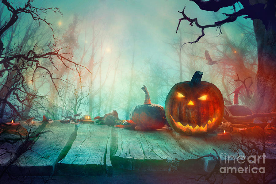 Halloween with Pumpkin and Dark Forest. Scary Halloween Design ...