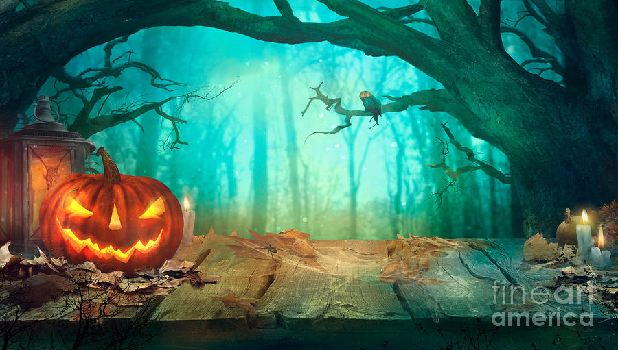 Halloween with Pumpkins and Dark Forest Photograph by Mythja ...