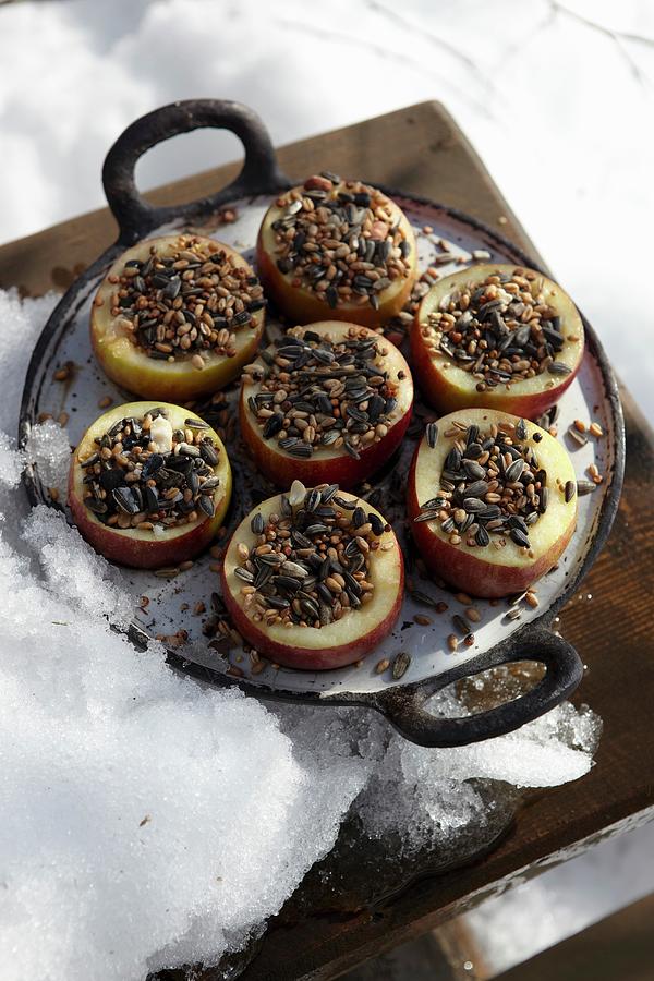 Halved Apples Filled With Bird Food In Pan In Snow Photograph by Greenhaus Press