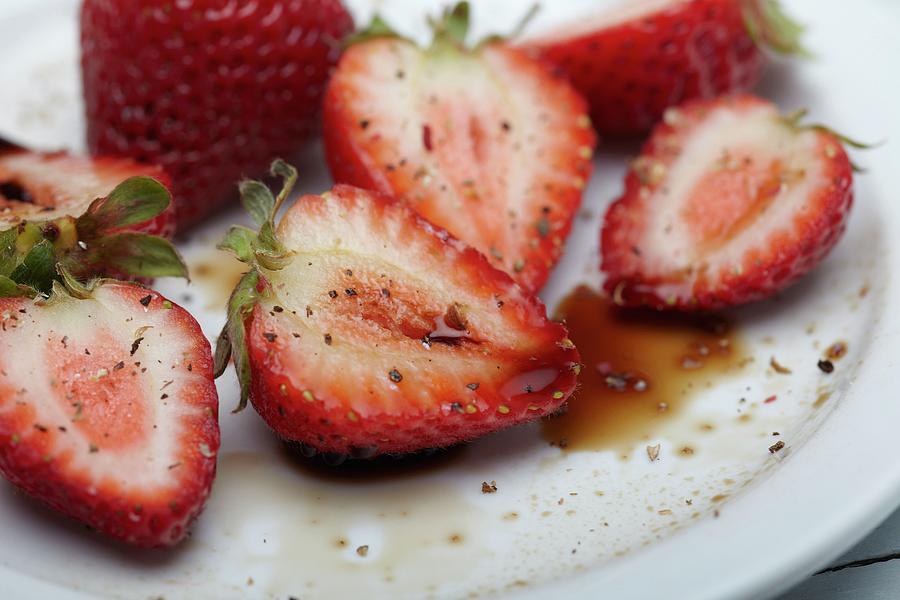 Halved Fresh Strawberries Tossed With Balsamic Vinegar And Cracked Black Pepper Photograph by James, Bruce