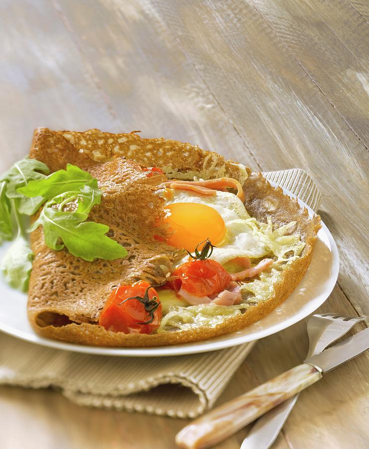 Ham, Cheese, Tomato And Egg Wholemeal Crepe Photograph by Studio