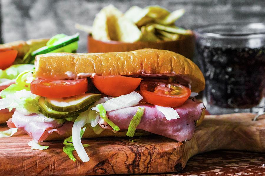 Bread Photograph - Ham, Gherkin And Tomato Sandwich by Alena Haurylik