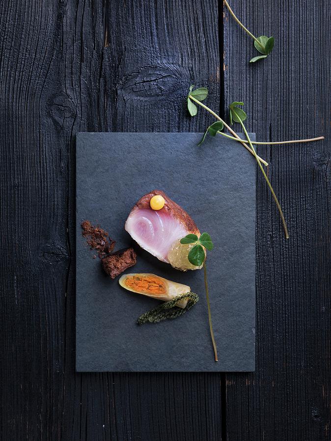 Hamachi With A Spring Roll And Umibudo Seaweed Photograph by Armin Zogbaum
