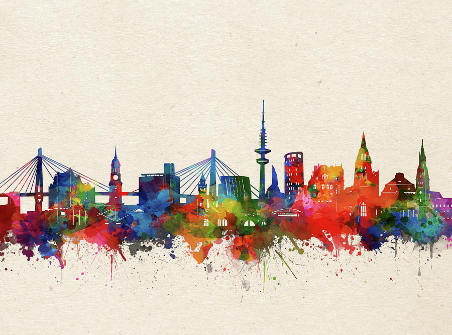 Skyline Digital Art - Hamburg Skyline Watercolor by Bekim M