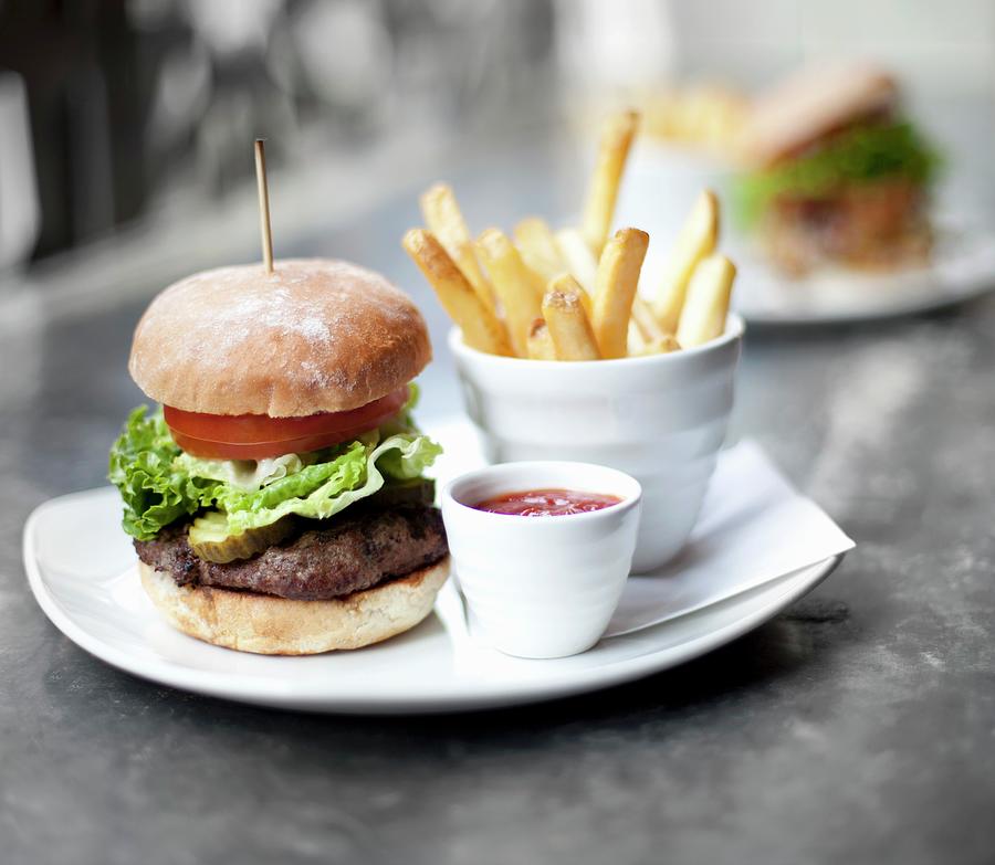 Bread Photograph - Hamburger With Lettuce, Tomato And Pickle, Fries by Barber, Lisa