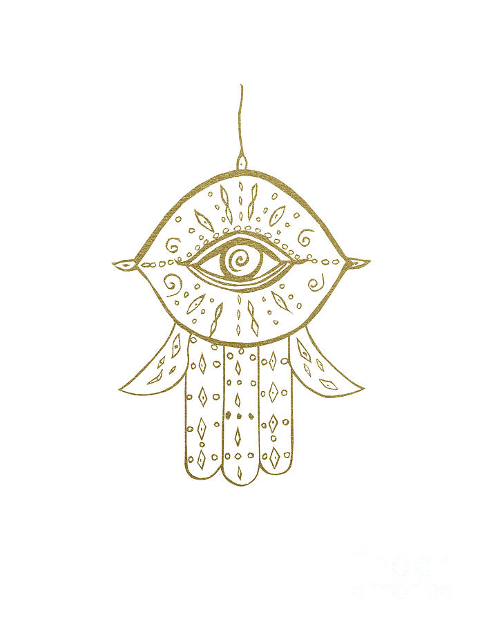 Ink-pen Mixed Media - Hamsa Hand Gold on White #1 #drawing #decor #art by Anitas and Bellas Art