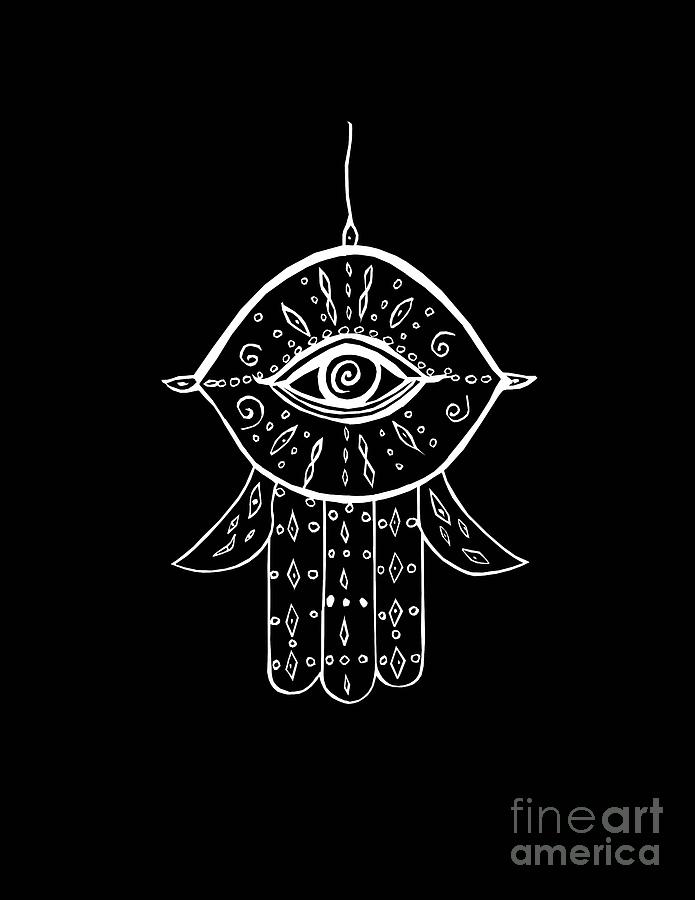 Collage Mixed Media - Hamsa Hand White on Black #1 #drawing #decor #art by Anitas and Bellas Art