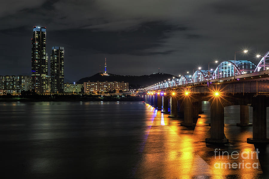 Architecture Photograph - Han river and Namsan tower at night by Aaron Choi