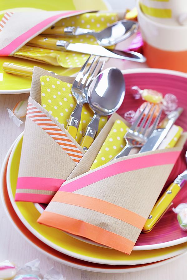 Hand-crafted Cutlery Pockets Made From Brown Paper Stuck Together With Washi Tape Photograph by Franziska Taube