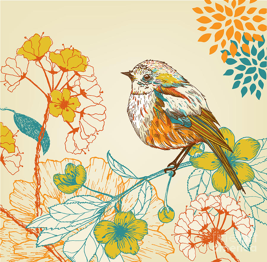 Curl Digital Art - Hand Drawn Bird In The Garden by Ri Curl Digital Art - Hand Drawn Bird In The Garden by Ri