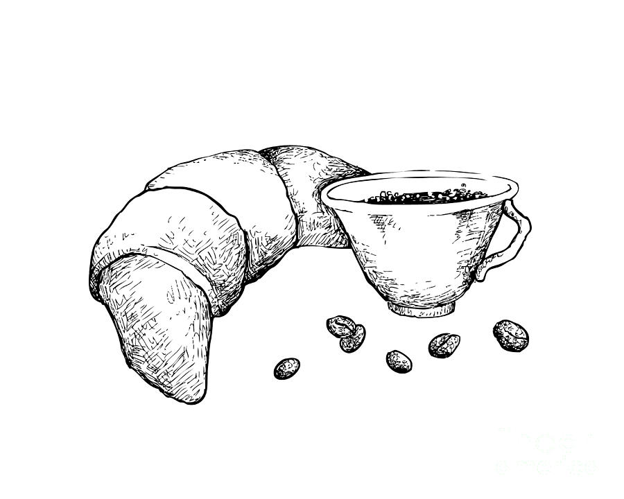 Hand Drawn of Hot Coffee with Croissant Drawing by Iam Nee