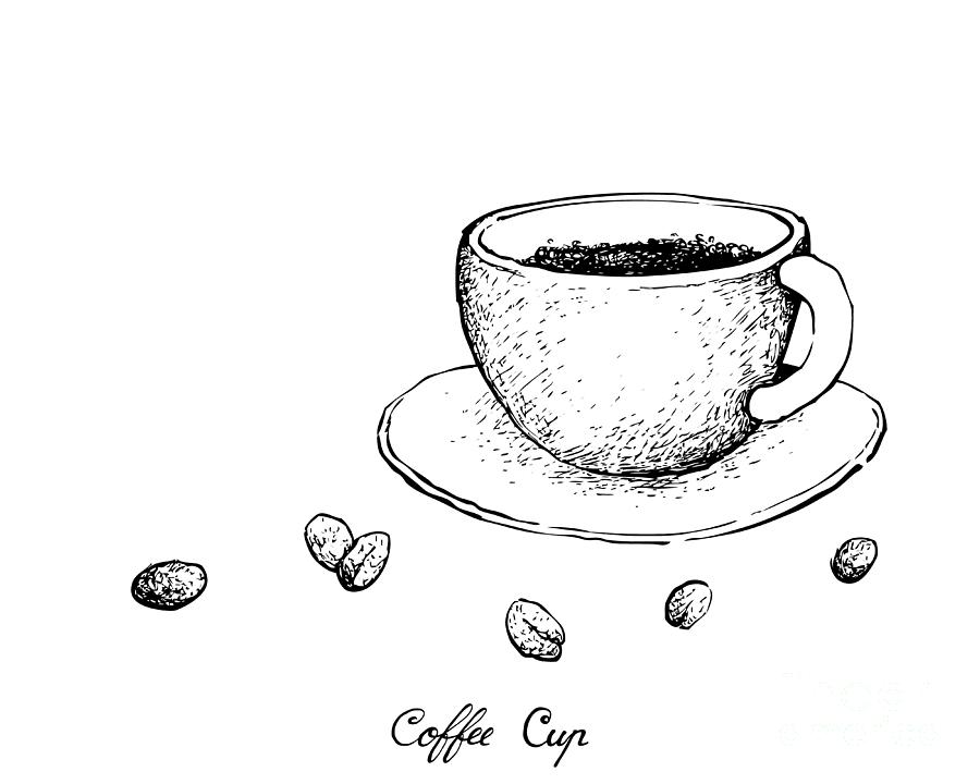 Hand Drawn of Hot Coffee with Roasted Coffee Beans Drawing by Iam Nee