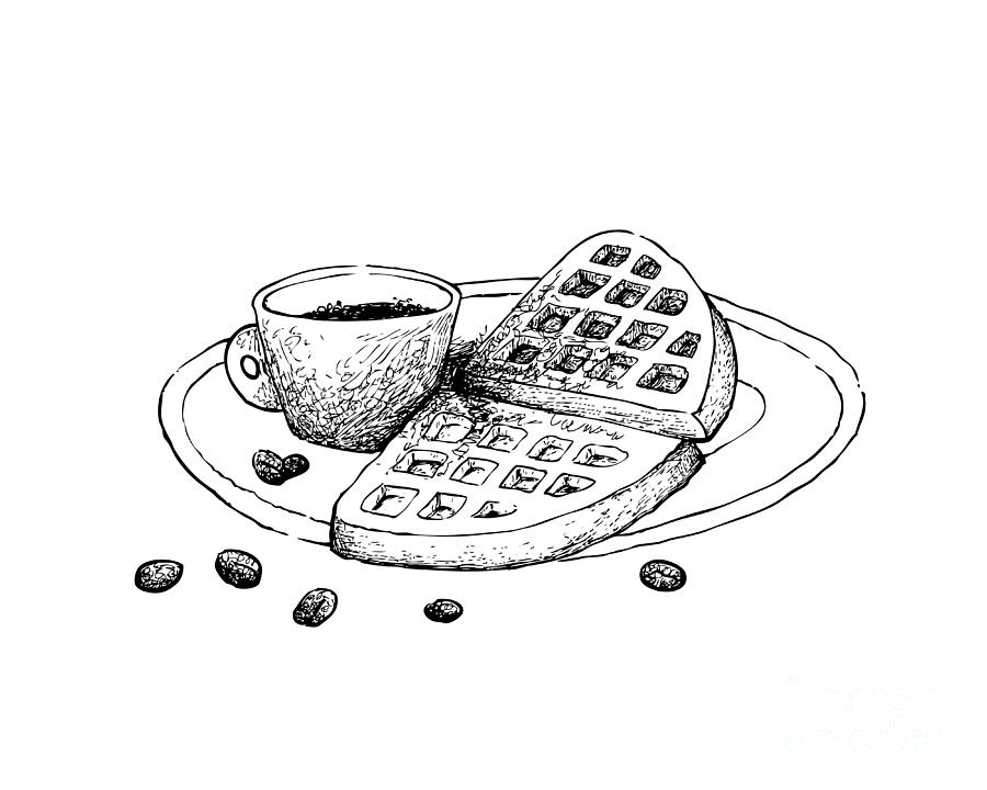 Hand Drawn Of Hot Coffee With Waffles Drawing By Iam Nee