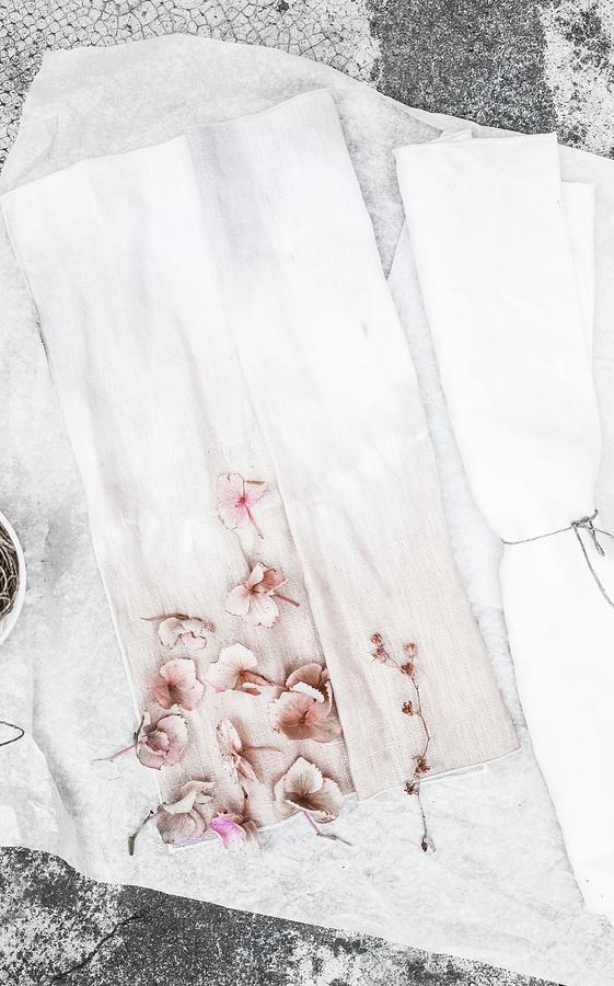 Hand-dyed Fabric And Pale Pink Hydrangea Flowers Photograph by Agata Dimmich