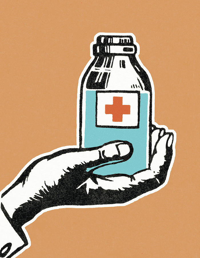 Vintage Drawing - Hand Holding a Medicine Bottle by CSA Images
