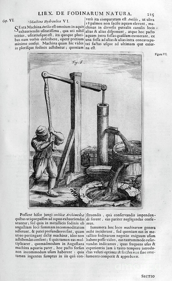 Hand Hydraulic Water Pump, 1678. Artist Drawing by Print Collector
