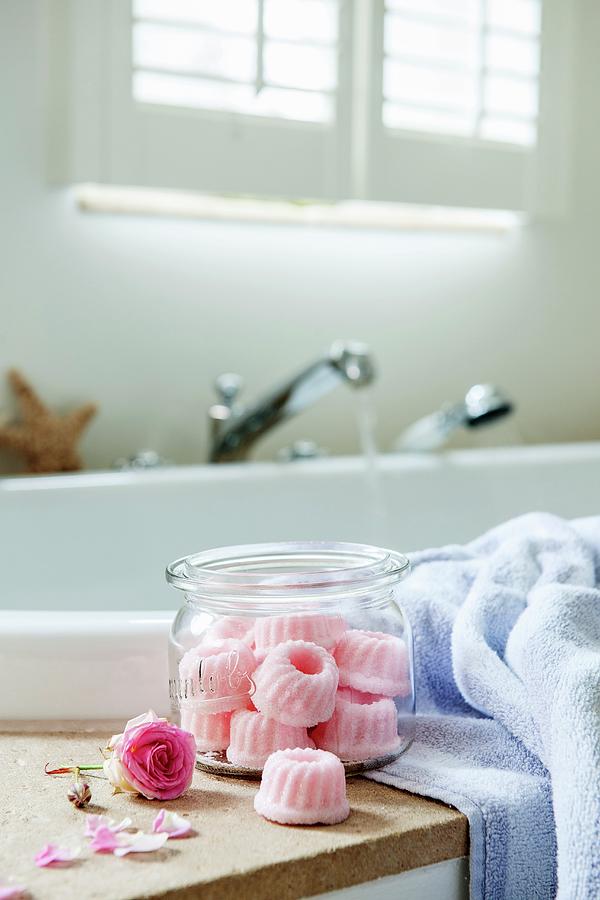 Fall Photograph - Hand-made Bath Bombs Shaped Like Miniature Bundt Cakes In Mason Jar by Moog & Van Deelen