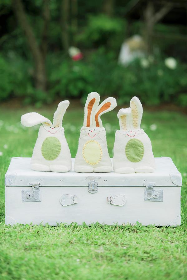 Hand-made Bunnies On Vintage Suitcase In Garden Photograph by Bildhbsch