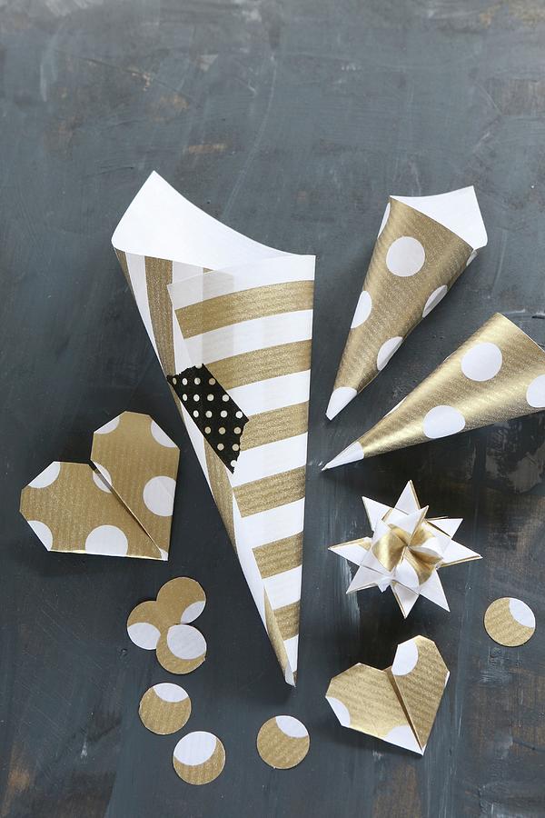 Hand-made Christmas Decorations: 3d Star, Origami Hearts And Paper Cones Photograph by Regina Hippel