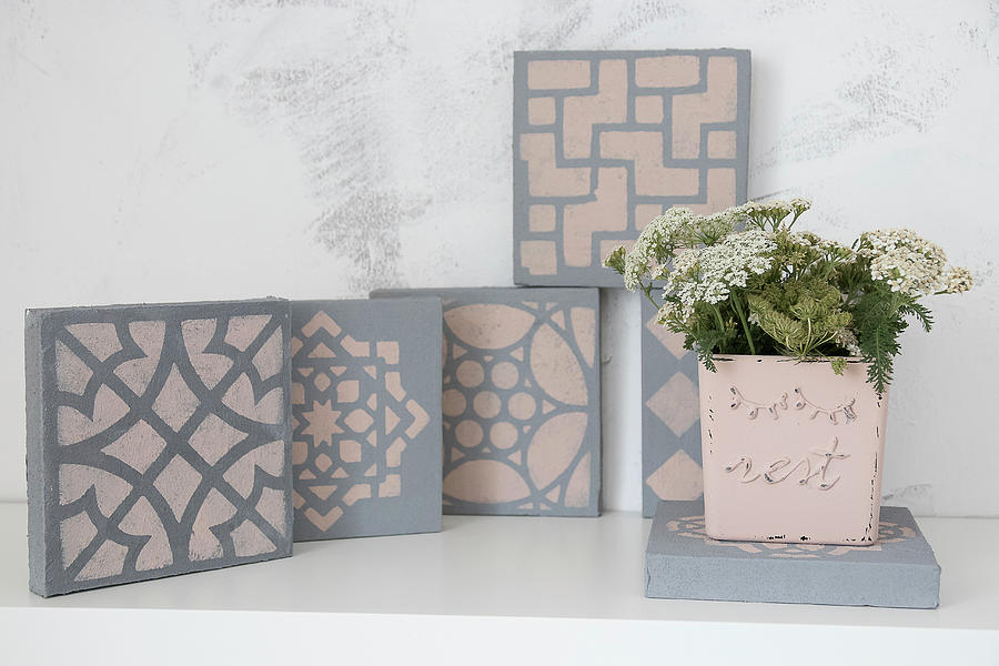 Hand-made, Concrete-effect Tiles With Stencilled Patterns Photograph by Astrid Algermissen