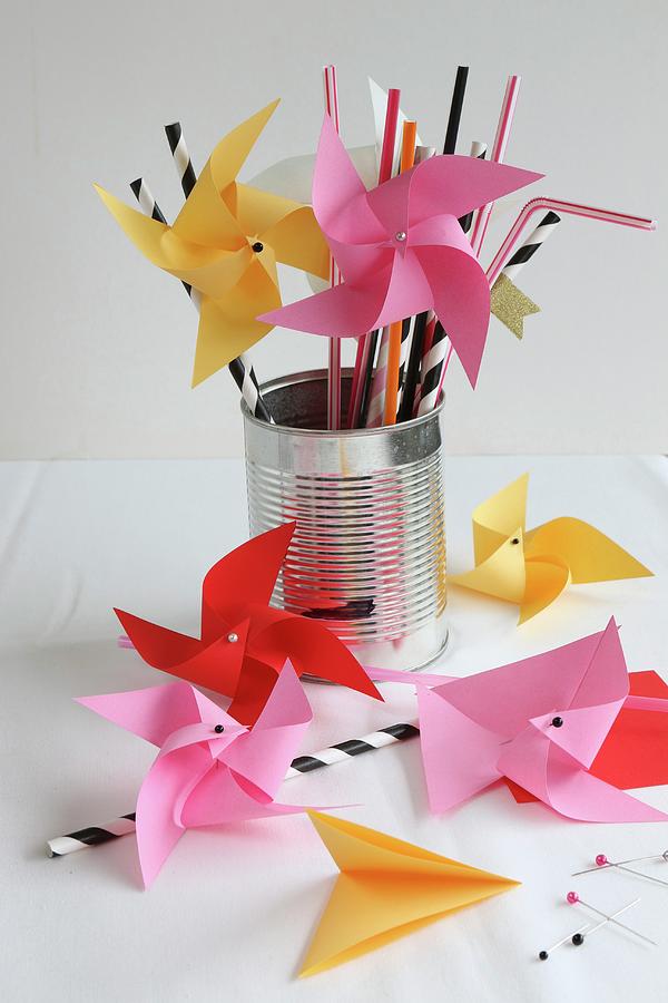 Hand-made Origami Windmills Standing In Tin Can Photograph by Regina Hippel