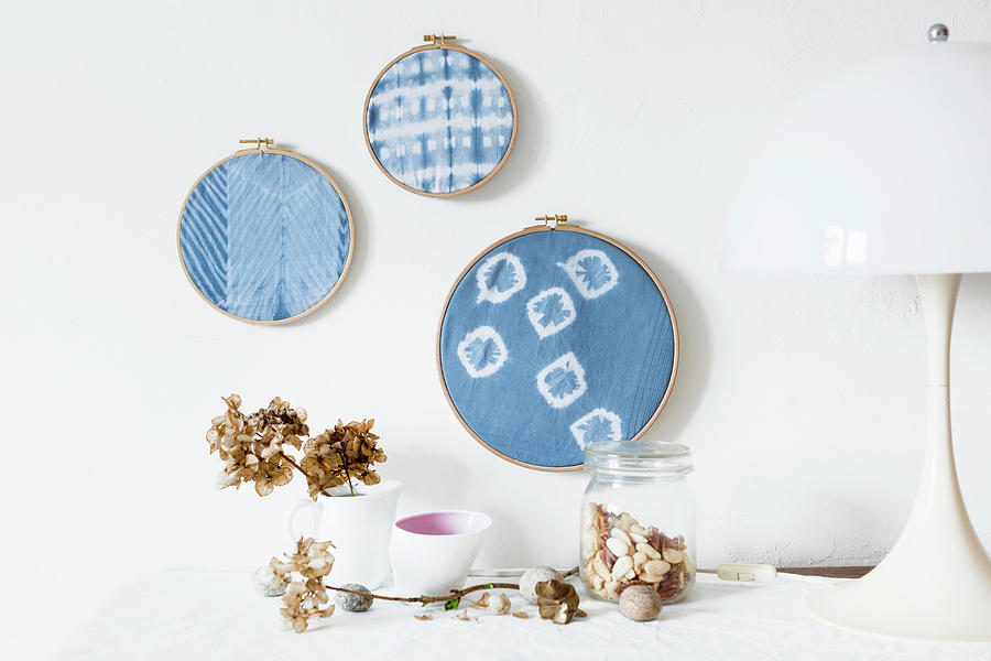 Hand-made Wall Decorations Made From Embroidery Rings And Old Handkerchiefs Hand-dyed Using Shibori Technique Photograph by Sabine Lscher